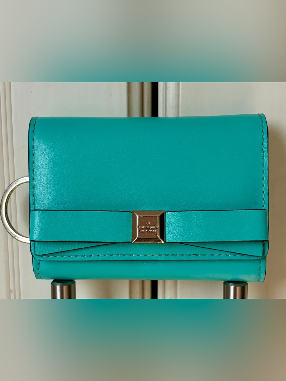 🍊kate spade Turquoise Bow-Accent Leather Wallet Key/Card holder Gold Hardware